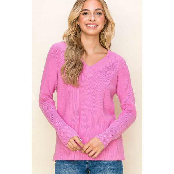 Daphne Ribbed V-Neck Pullover - Pink