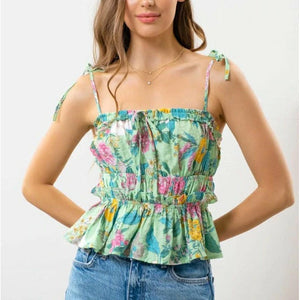 Maya Tie Strap Woven Top - Green Floral