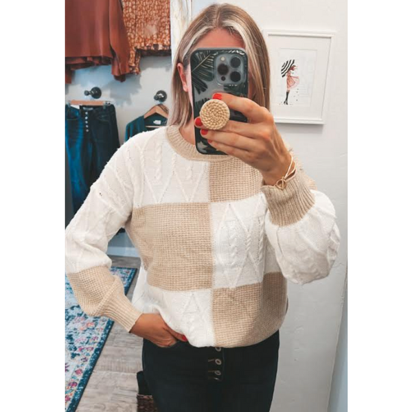 Cynthia Checkerboard Sweater - Taupe Ivory