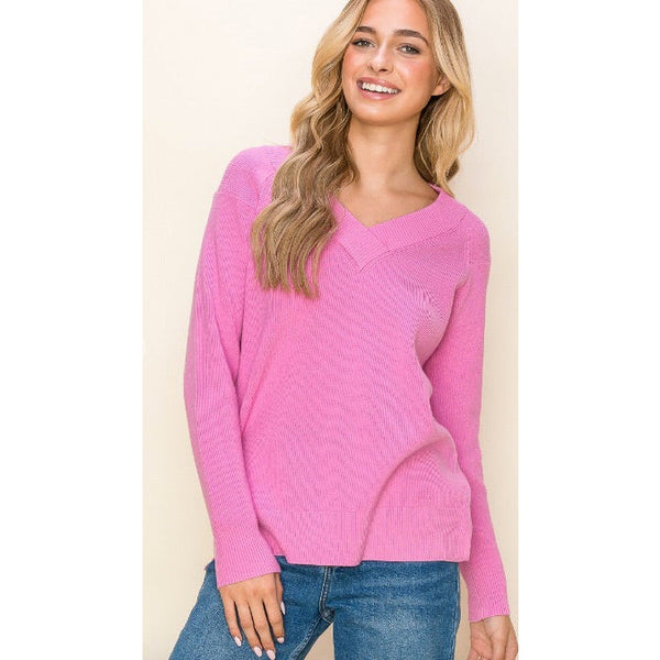 Daphne Ribbed V-Neck Pullover - Pink