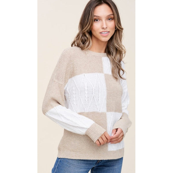 Cynthia Checkerboard Sweater - Taupe Ivory